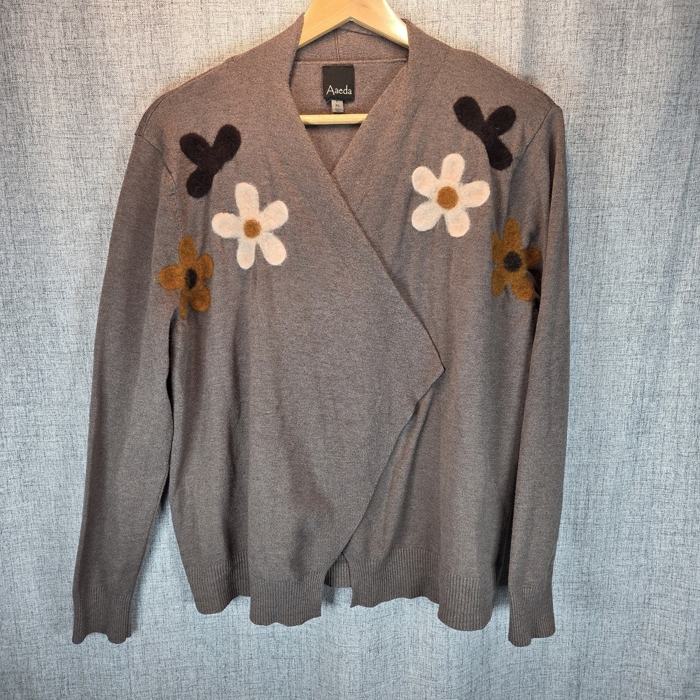 Aaeda Women's XL Felted Floral Open‎ Cardigan Sweater Gray Daisy Cottagecore